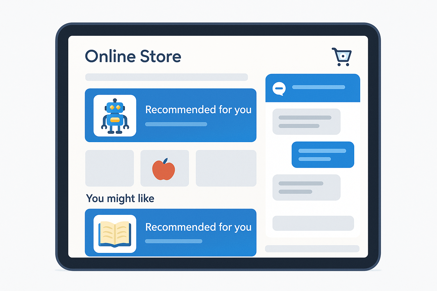 平板電腦螢幕顯示 AI 強化網上商店介面，包含推薦彈出視窗及聊天機器人